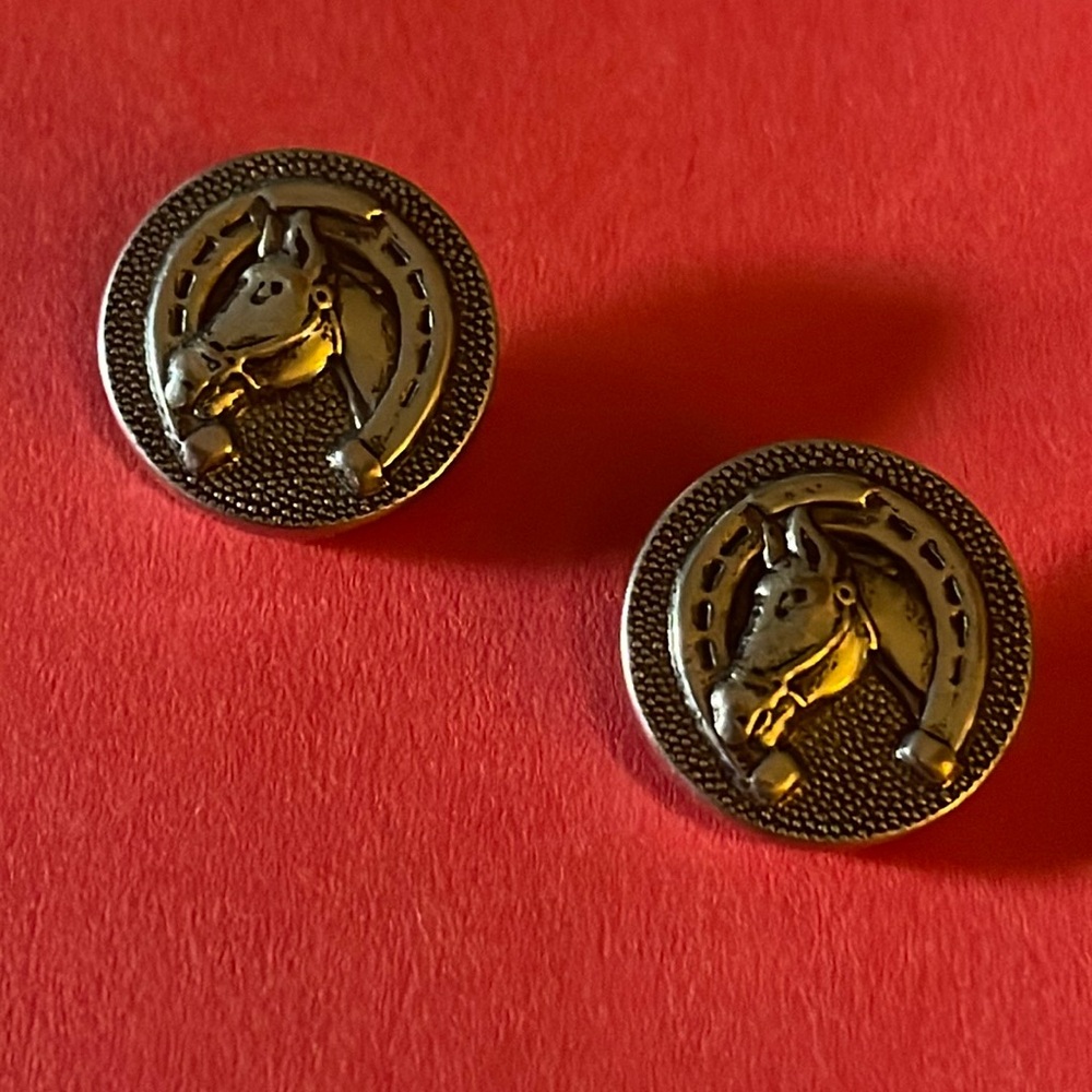 Vtg Metal Buttons with Horse & Horse Shoe on Front, 2 Buttons